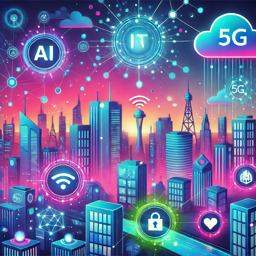 تصویری از تکنولوژی‌های جدید شامل AI، بلاک‌چین، 5G، IoT و واقعیت مجازی در یک شهر دیجیتالی مدرن و آینده‌نگر.